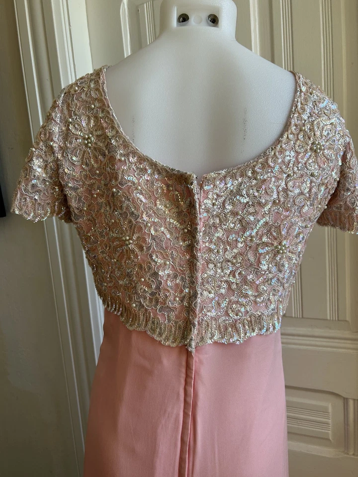 Vestido vintage años 60 70 Emma Domb rosa lentejuelas cuentas con capas de gasa talla M Foto 4 de 4