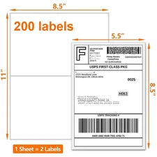 200 8.5x5.5 Half Sheet Shipping Labels 2 Per Sheet Self Adhesive for Laser Inkje