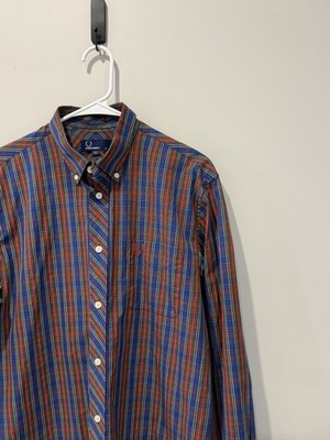 Fred Perry Shirt Mens Medium Red Blue Plaid Cotton Long Sleeve Button Up