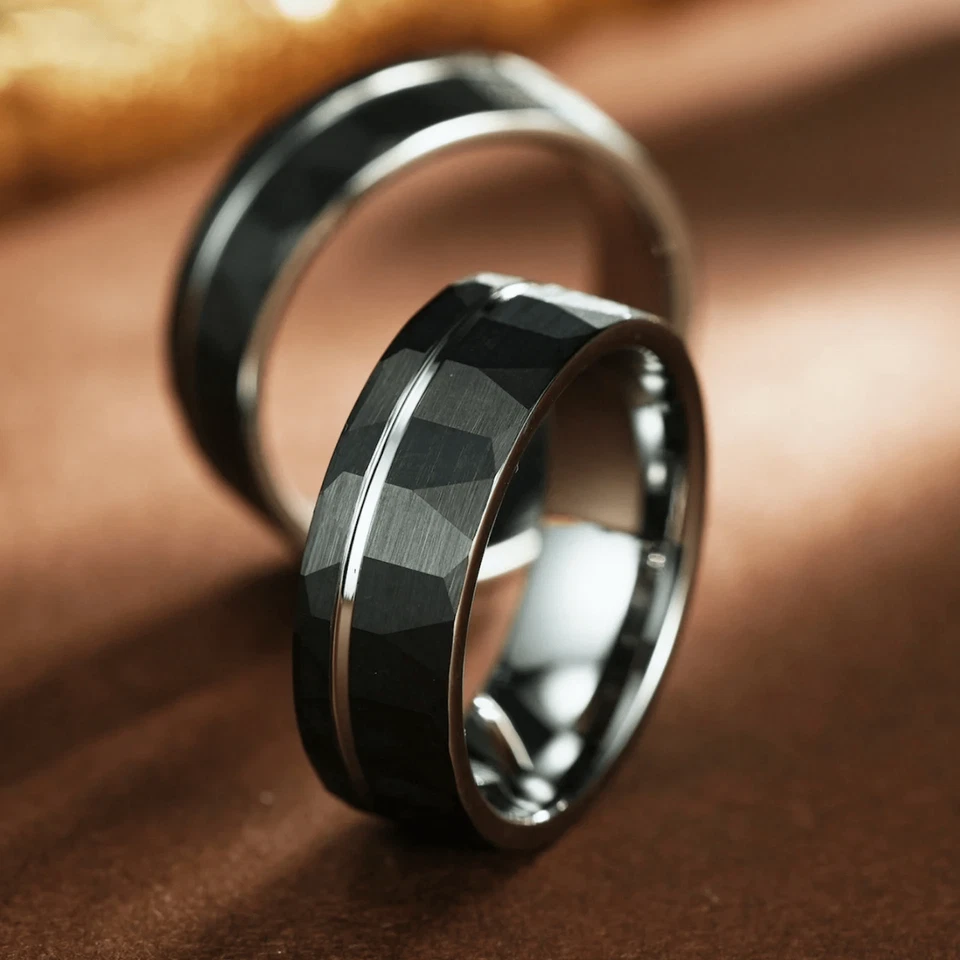 Mens Wedding Band Black & Silver  - Tungsten Engagement /Promise Ring for Him UK - Image 2 of 4