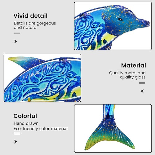 Dolphin Wall Decor Outdoor Metal Hanging Art Glass Sculpture Decoration 17.5 In - Picture 4 of 7