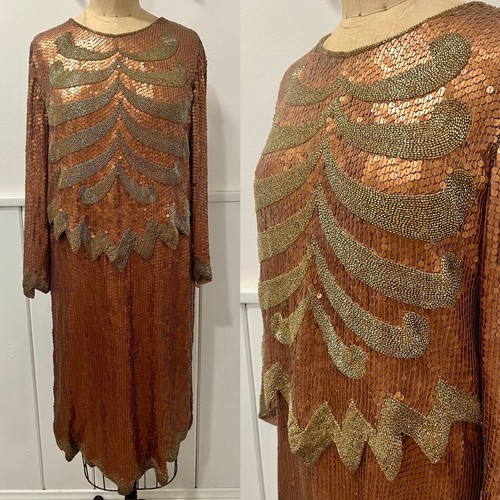 1980s Vintage Bronze Sequin Silk Couture Cocktail Party Dress By Gene Bourton Lg