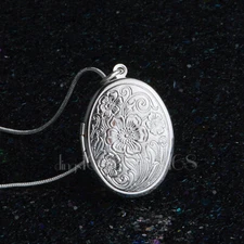 925 Sterling Silver Large Oval Photo Locket Pendant+ 16"~38" Necklace Chain D703