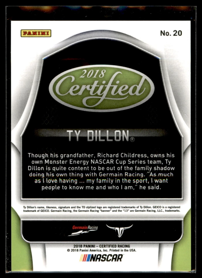 2018 Panini Certified Racing NASCAR MIRROR GOLD #20 Ty Dillon #13/25 - Image 2 of 2
