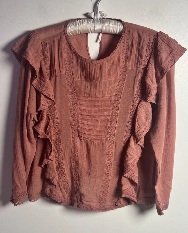 Free People Jasmine Ruffle Lace Boho Peasant Gauzy Victorian Cotton Blouse Sz S - Image 4 of 4