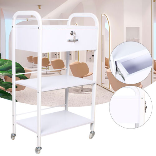 3-Tier Rolling Utility Cart with Wheels,White Mobile Esthetician Cart Trolley US