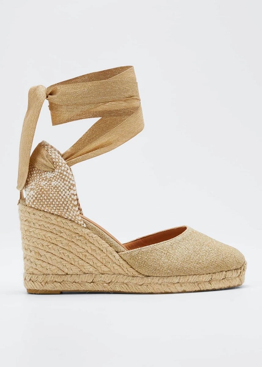 Castaner Carina 80 Gold Linen Wedge Espadrille Sandals Size 5 35
