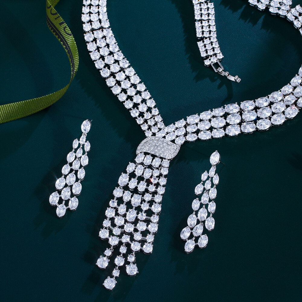 CWWZircons Cubic Zirconia Bridal Jewelry Set - White Necklace & Dangle Earrings, Silver Plated