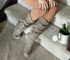 Cable Knit Knee High Socks Womens Beige Brown Speckled Boot Classic Cozy Bed New