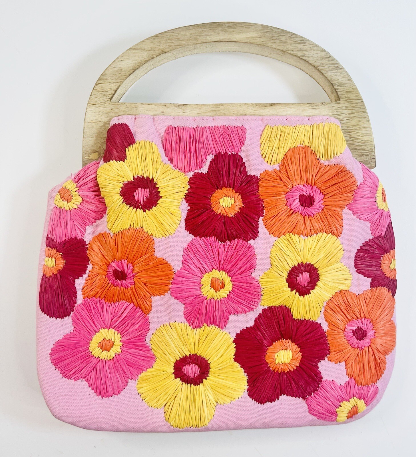 Top Handle Clutch Purse, Handmade Embroidered Floral Clutch, Pink Flower Clutch