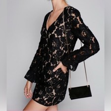 WAYF Black Floral Lace Mini Dress M – Formal Wedding Party Elegant