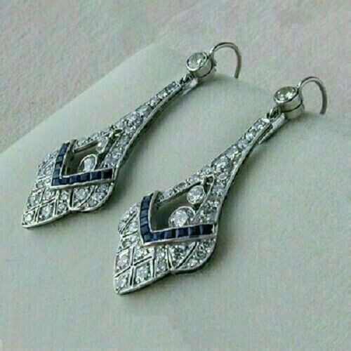 Orecchino 3ct argento 925 stile Art Déco diamante e zaffiro creato in laboratorio - Foto 2 di 4