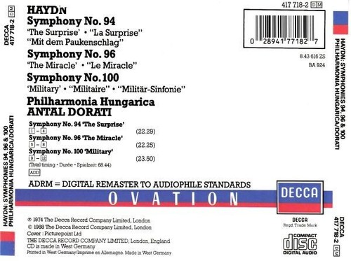 HAYDN, SYMPHONIES NO.s 94, 96, & 100, ORIGINAL WEST GERMAN PRESSED CD - Picture 2 of 2