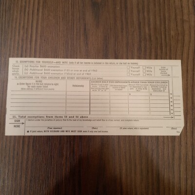 1962 Vintage US Individual Income Tax Return Blank Form 1040A 