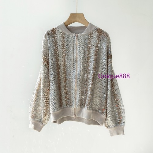 Womens Autumn Sequined Turtleneck Cardigan Knitted Jacket for Brunello Cucinelli