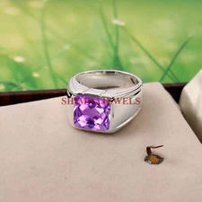 Natural Amethyst Gemstone With 14K White Gold Plated Silver Men's Ring #1343