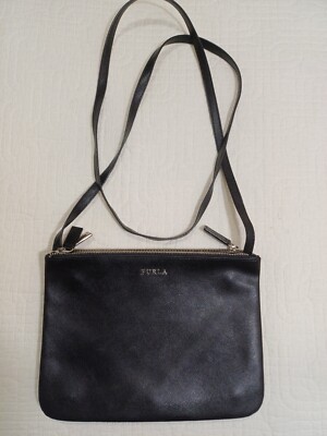 FURLA Leather Mini Cross-Body Shoulder Bag Clutch Black Pockets Attached 