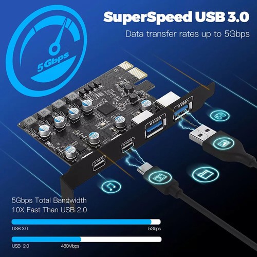 USB 3.0 PCI-E Card 2*USB-A 2*USB-C PCI Express Extension Card USB 3.2 GEN1 5Gbps - Photo 6/11
