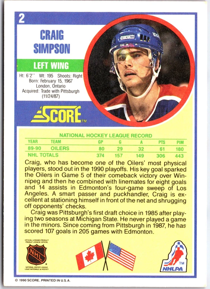 1990-91 Score Hottest and Rising Stars #2 Craig Simpson - Image 2 of 2