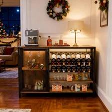 Wine Cabinet with Power Outlet Wood Liquor Cabinet with Light Strip Mesh Door🔥