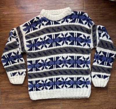 Vintage Del Mundo Sweater Ecuador Hand Knit 100% Wool Chunky Large Aztec