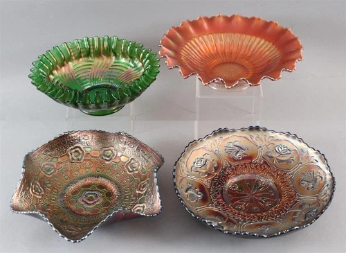 4 Antique Carnival Glass Bowls NORTHWOOD Rays, FENTON Dragon Lotus Rose, Comet +