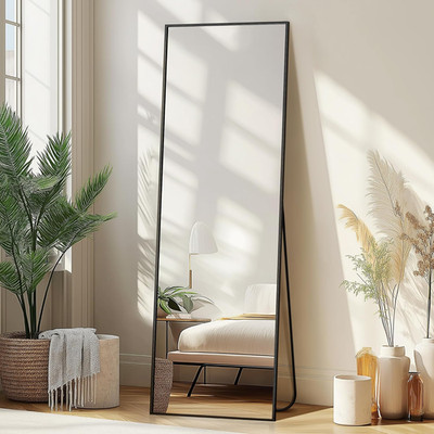 Espejo De Pared Cuerpo Entero con Grande Con Marco Aluminio Y Soporte Negro