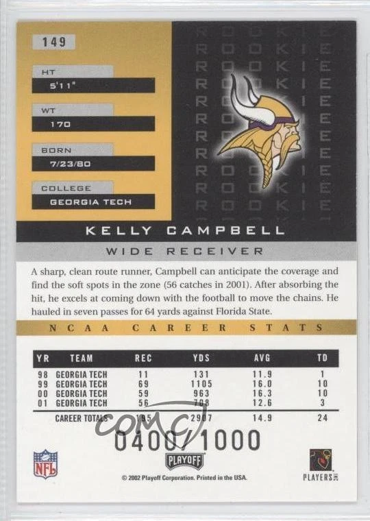 2002 Playoff Honors Rookie /1000 Kelly Campbell #149 Rookie RC - Image 2 of 2