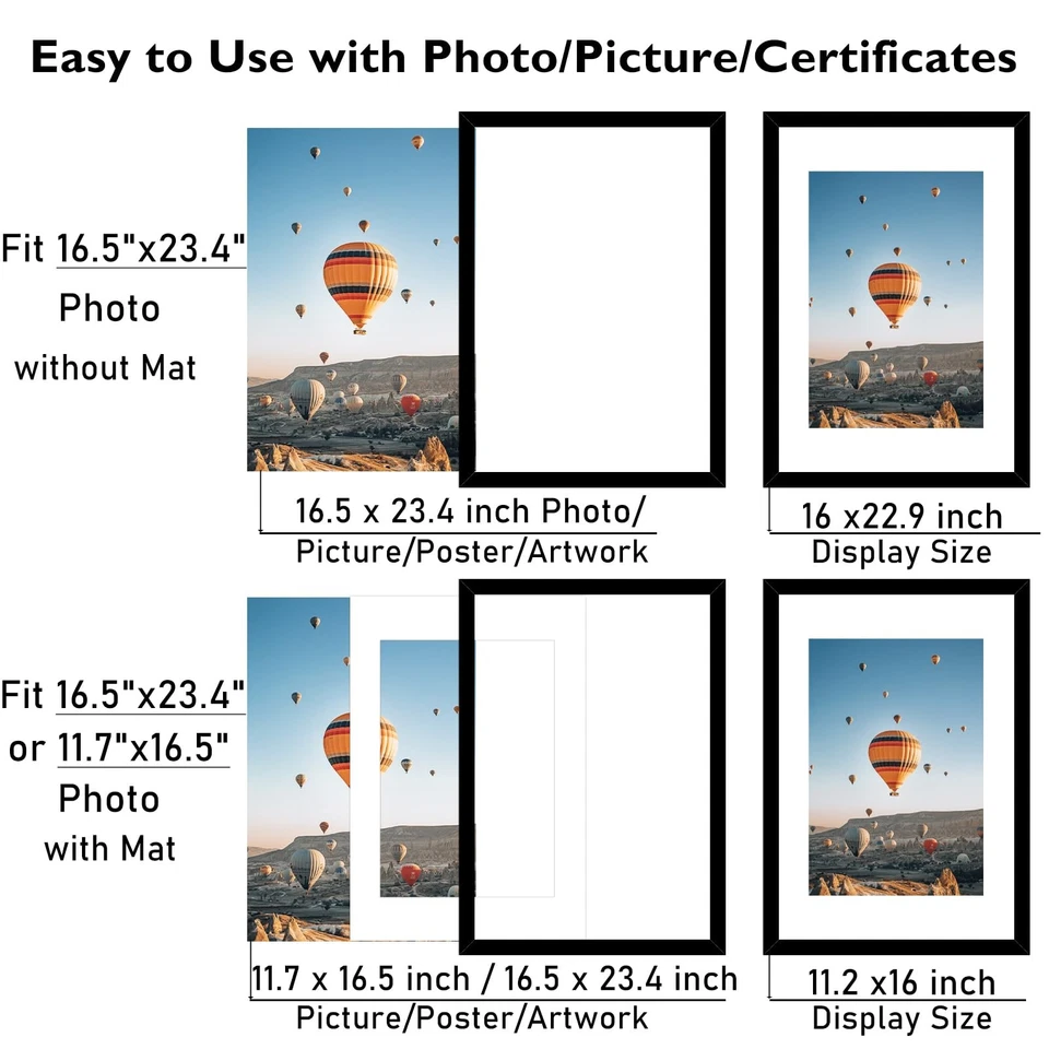 16.5x23.4 A2 Picture Frame Set of 3 Black with 11.7x16.5 A3 Mat, Display Phot... - Image 4 of 4