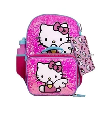 5 PC Hello Kitty Backpack Lunch Box Bag Tote Lunchbox Case Flip Sequins Sanrio