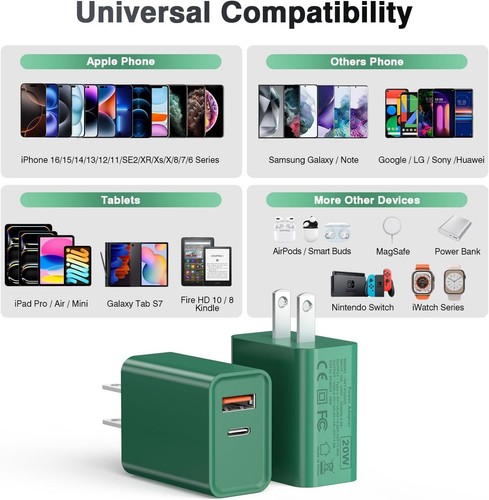 2Pack 20W Type C Charger, Dual Port USB C Wall Plug PD & QC3.0 Green - Picture 3 of 7