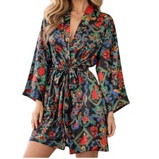 Vintage 90s Victorias Secret Gold Label Robe Womens S Black Satin Floral Kimono