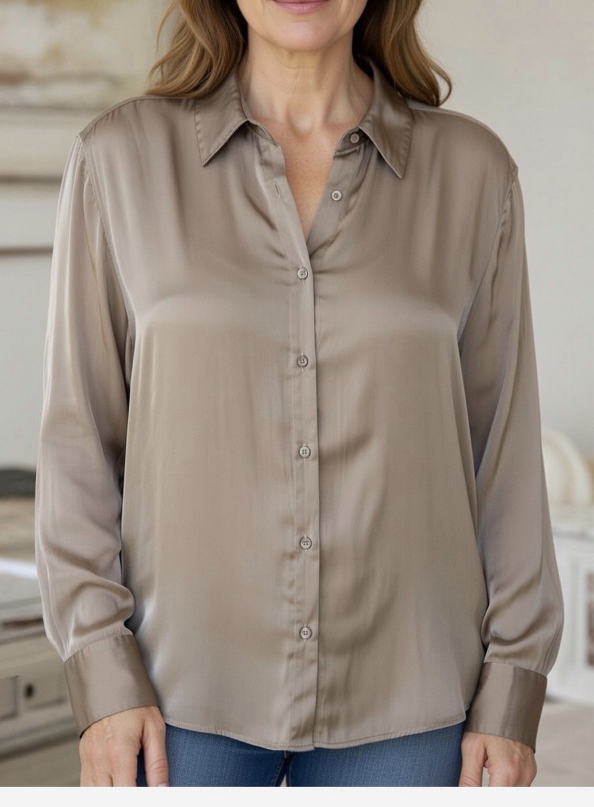 Beige Satin Button-Down Collared Blouse Long Slee… - image 2