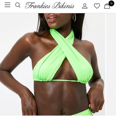 Frankies Bikinis Bash Wrap Halter Bikini Top Neon Lime Green XS Swimwear