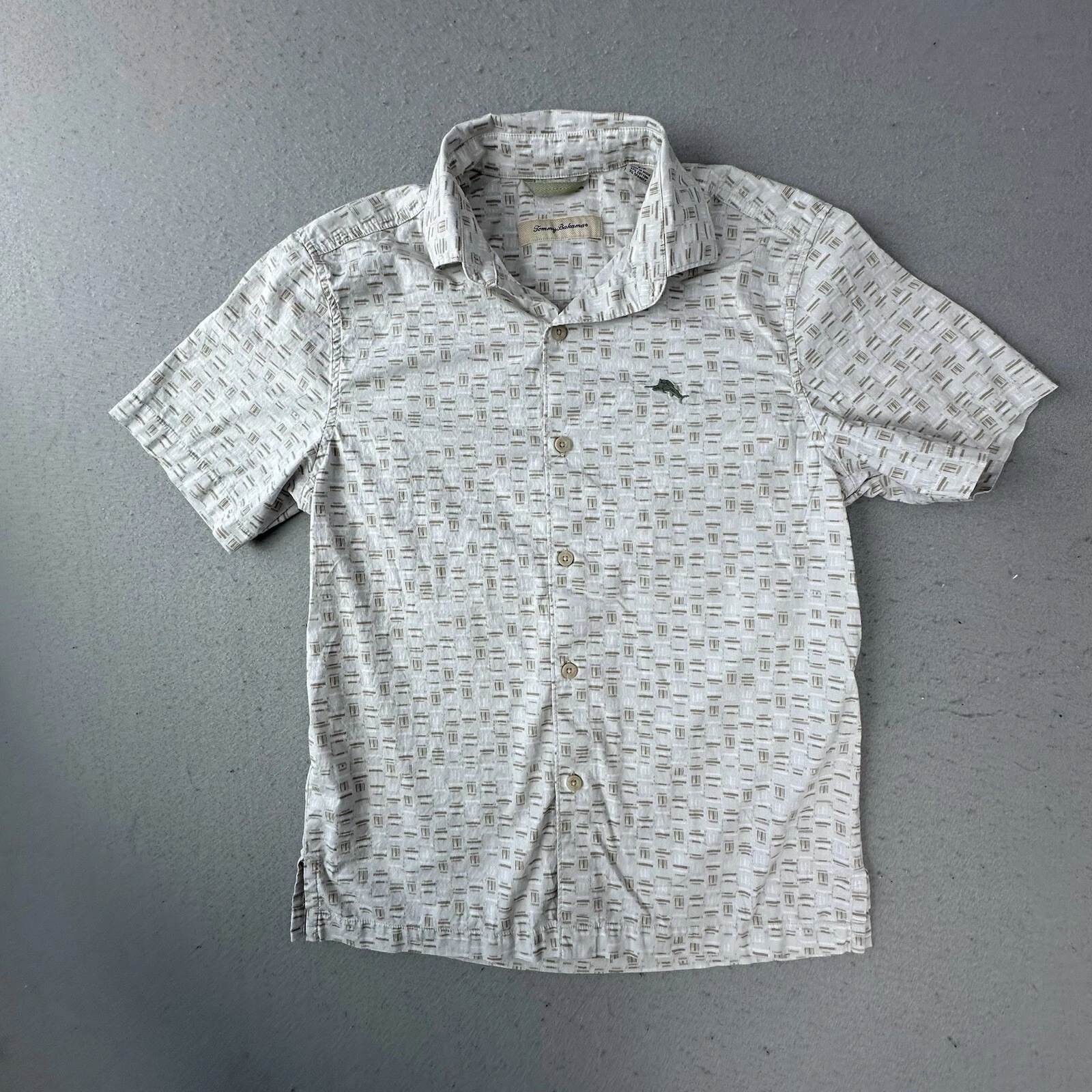 Tommy Bahama Shirt Mens Small Khaki Brown Geometric Beach Casual Vacation