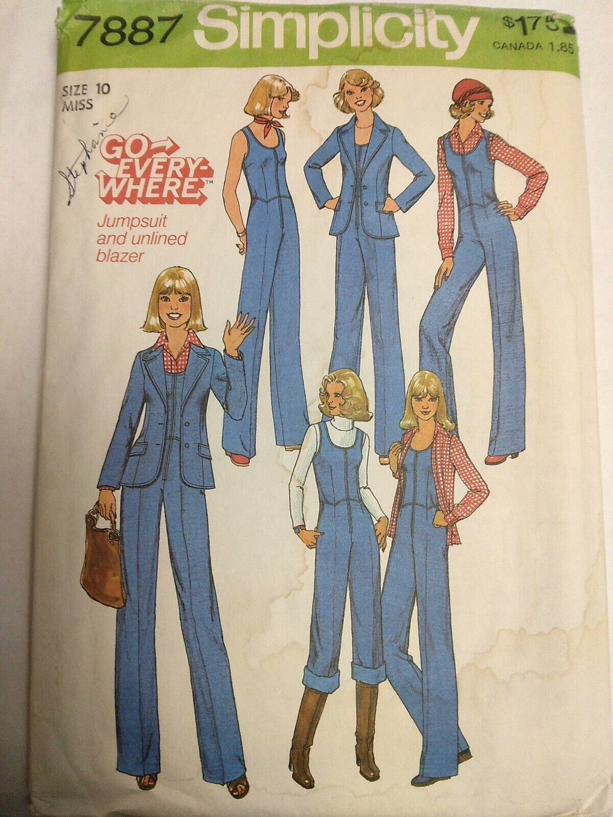 Jumpsuit Jumper Bibs Jacket 10 Simplicity 7887 Sewing Pattern 70's UC Jean Denim-image