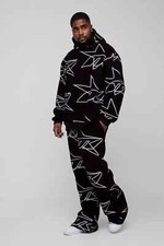 Men's Black Plus Oversized Star Print Flared Hooded Tracksuit