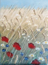 Original oil painting rural landscape summer fields with flowers meadow 16x12"