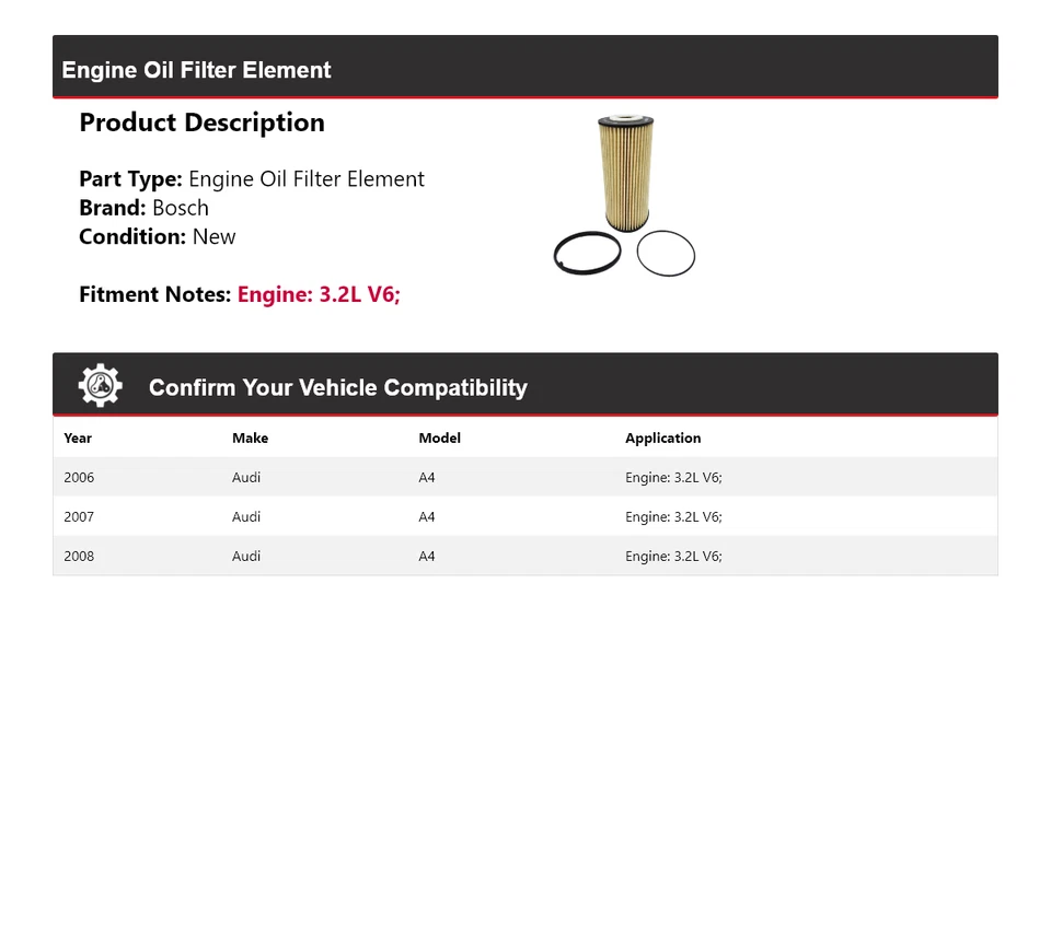 Масляный фильтр премиум-класса для Audi A4 3,2 л V6 Bosch 2007-2008 годов выпуска - Изображение 2 из 3