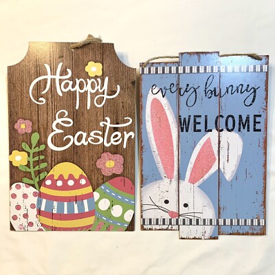 Happy Easter Bunny & Egg Decoration Wall Door Hanging Sign Plaque Lot of 2 New