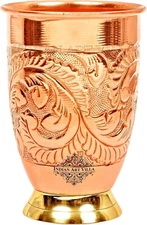 Embossed Copper Drinking Glass Water Tumbler Mug with Brass Bottom 450ml