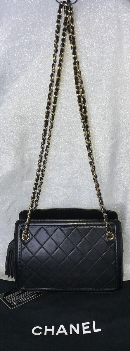 Vintage CHANEL Black Lambskin Leather 24K Gold Plated Crossbody Shoulder Bag