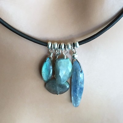 U&C Sundance Green Labradorite Blue Kyanite Cluster Brown Leather Cord  Necklace