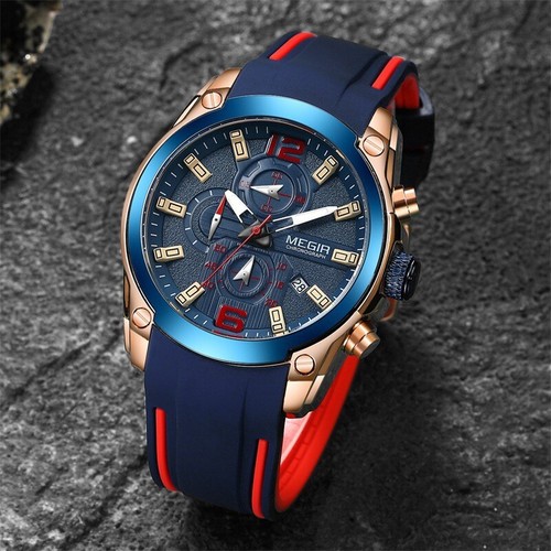 Megir Men's Chronograph Quartz Watch Waterproof Silicone Strap Sports Wristwatch - Picture 4 of 15
