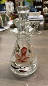 Hazel Atlas Pink Flower Oil Cruet with Topper