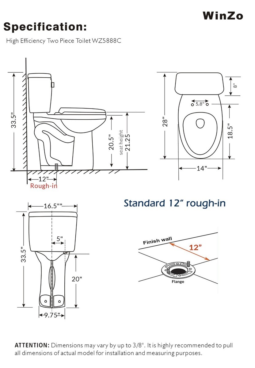 WinZo WZ5888C Left Flush Tall Two Piece Toilet 21 inch Elongated