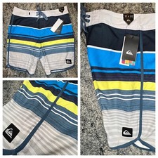 Quicksilver Eye Scallop Board Short Men  s 31 Surf Swim Trunks Blue Yellow Stripe