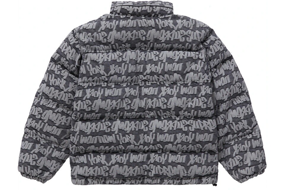 Supreme Fat Tip Jacquard Denim Puffer Jacket Black Sz M In hand