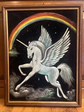 Fantasy unicorn Rainbow Velvet Painting 21 x27" Wood Frame Pegasus Signed