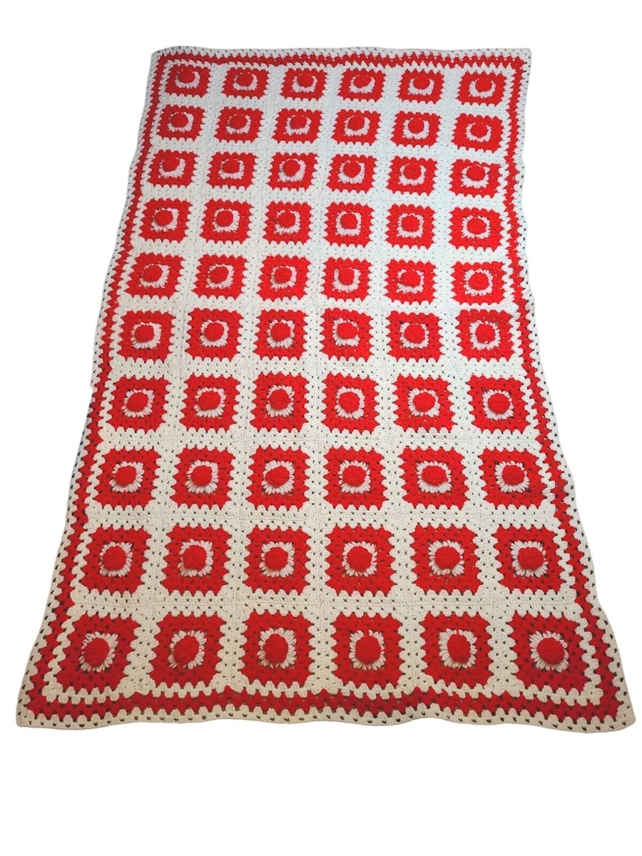 Vintage Crocheted Throw Handmade Red White Granny Square Blanket